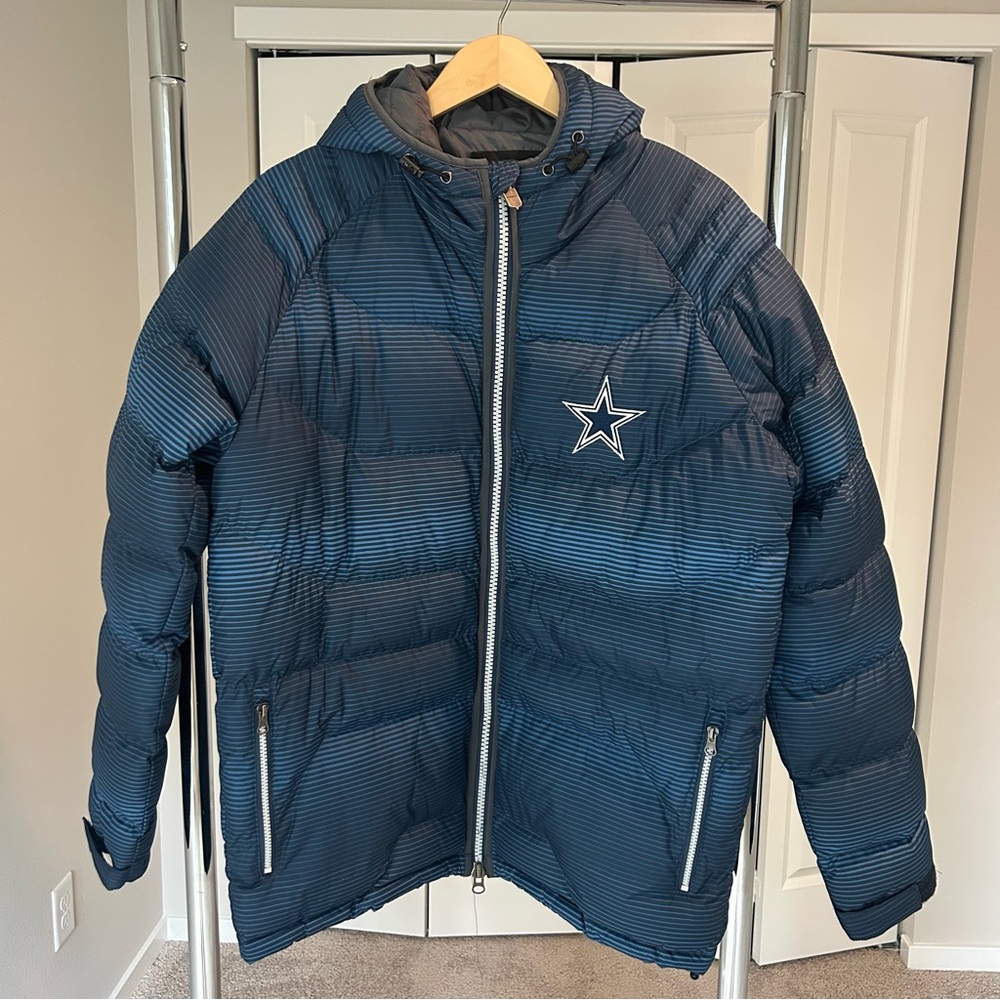 NFL Dallas Cowboys Puffer Parka Size Large in Blue with logo and team name GUC